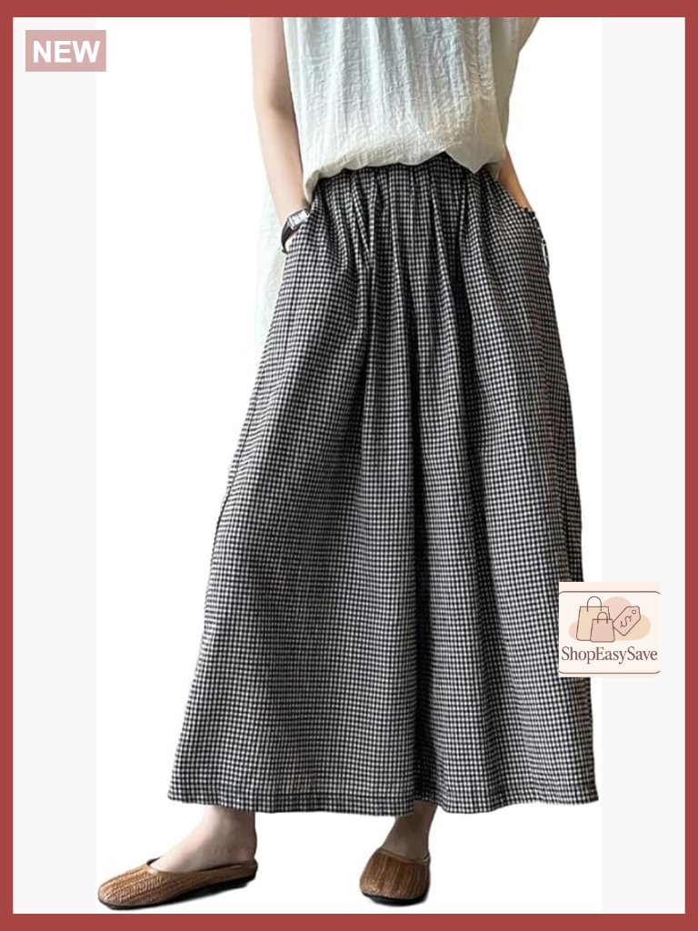 Women's Cotton Linen Wide Leg Palazzo Pants With Pockets Elastic Waist Checked